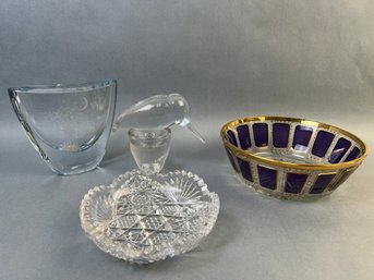 Lot Of Chipped Glass Items And A Porcelain Lady With Broken Basket.