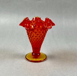 Fenton Amberina Vintage Hobnail Bud Vase With Ruffle Edges, Orange