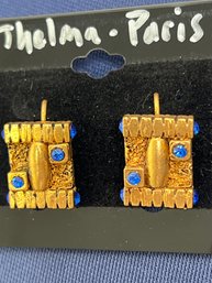 Thelma Paris Pierced Earrings-Gold & Blue