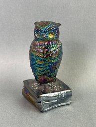 Westmoreland  Glass Figurine Wise Ole Owl On Books Carnival Glass
