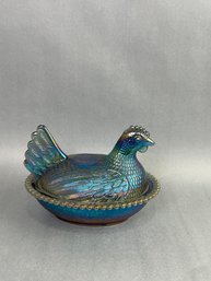 Vintage  Hen On Nest Indiana Glass Blue Iridescent Carnival Glass