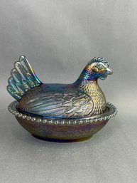 Vintage  Hen On Nest Indiana Glass Blue Iridescent Carnival Glass