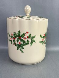 Lenox Holiday Biscuit Barrel, Holly & Berries, Cream Color And Gold Trim