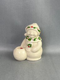 Lenox Holiday Snowman, Holly & Berries, Cream Color And Gold Trim