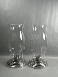 Pair Of Pewter Base Hurricane Lamps