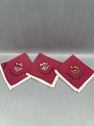 3 Embroidered Vintage Linen Napkins