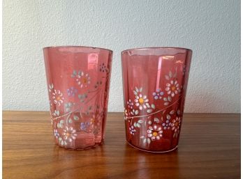 Antique Cranberry Glass Hand Painted Glasses **Local Pickup Only**