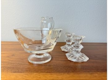 Lot Of 4 Small Crystal Items, Incl. Candle Sticks, Vase & Bowl **Local Pickup Only**