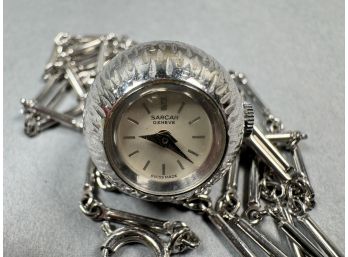 Small Round Sarcar Watch On A Silver Tone Necklace -swiss **Local Pickup Only**