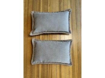 Pair Of Gray Brown Lumbar Pillows With Jute Edge Detail By Phantoscope **Local Pickup Only**