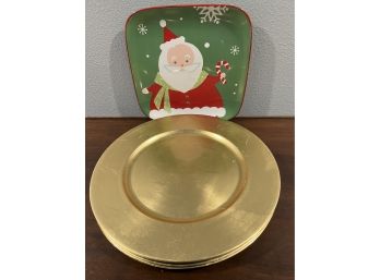 4 Gold 14 Inch Chargers And A Santa Plate. **Local Pickup Only**