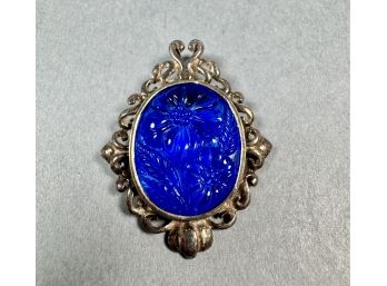 Sterling Silver Pendant With Blue Embossed Glass