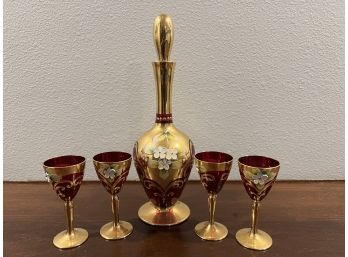 Hand Painted Red Glass And Gold Trim Decanter With 4 Glasses. **Local Pickup Only**