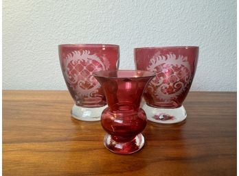 Lot Of 3 Cranberry Glass Pieces With Condition Issues **Local Pickup Only**