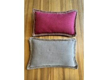 Pair Of Mixed Red & Gray Brown Lumbar Pillows With Jute Edge Detail By Phantoscope  **Local Pickup Only**