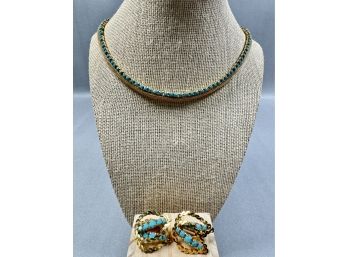 Gold Tone And Turquoise Necklace With Earrings