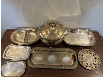 Lot Of Silverplate Serving Dishes Including A Pyrex Lined Electric Chafer. **Local Pickup Only**