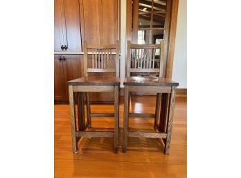Pair Of Mission Style Oak Bar Stools By Amish Touch #1 **Local Pickup Only**