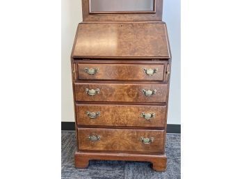 Glass Front Secretary Desk - 4 Drawer Wood Burl Accent