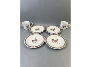 4 Gibson Plates And 2 Coffee Cups Featuring Roosters.