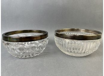 2 Crystal Bowls With Silver Plate Rims.