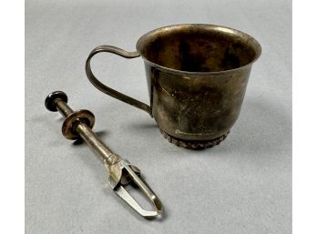 Silverplate Childs Cup By Leonard And Sugar Tongs