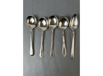 5 Vintage Silver Plate Soup Spoons .