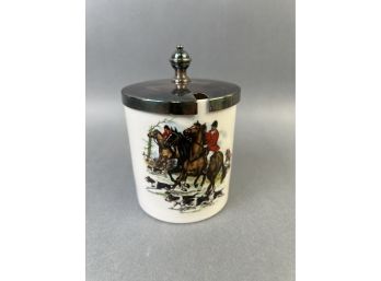 Fox Hunt Themed Sugar Container With Silver Plate Cover.