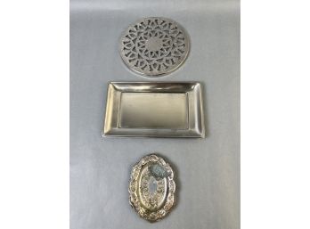 Glass And Metal Trivet, Metal Tray And A Silver Plate Trinket Dish Made In Occupied Japan.