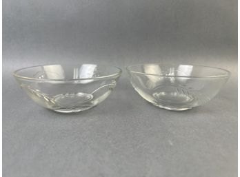 2 Small Glass Bowls With A Wheat Pattern.