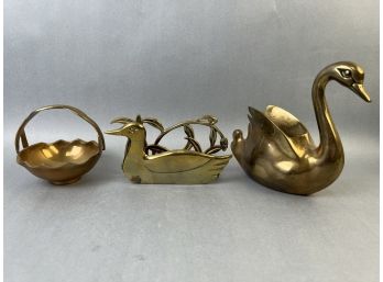Duck Napkin Holder Swan Vase And A Basket All Made Of Brass.