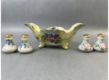 Vintage Footed Porcelain Candy Dish Signed Laura And 2 Sets Salt & Pepper Shakers.