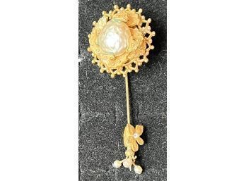 Miriam Haskell Signed Freshwater Pearl Stick Pin  Gold Finish