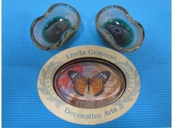 French Glass Butterfly Paperweight/2 Gold & Green Flecked Trinket Holders