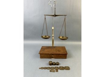 Antique Assayers Brass Scale With Original Box And Weights.