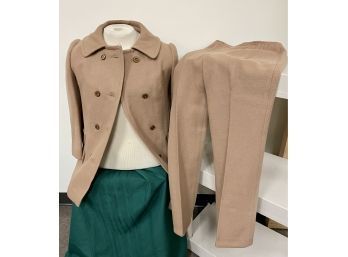 Vintage Womens Camel Double Breasted Coat And Pant Set