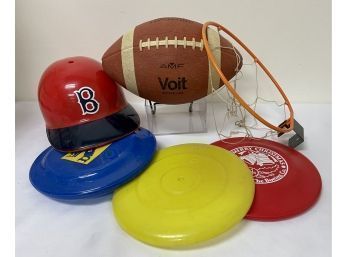 Lot: Souvenier Boston Batter Helmet, Frisbee, Football, Door Basketball Hoop