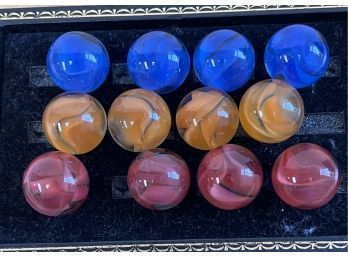 12 Large Shooter Cats Eye Marbles, Red, Blue & Orange