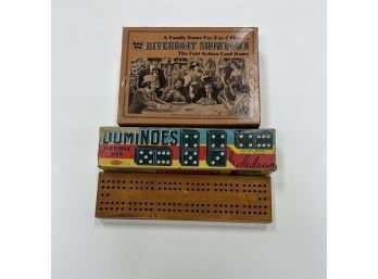 3 Vintage Games -Dominoes, Cribbage Board (no Pegs) & Riverboat Showdown