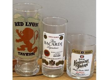 (3) Barware Glasses, Bacardi, Old Kentuck Tavern & Red Lyon Tavern