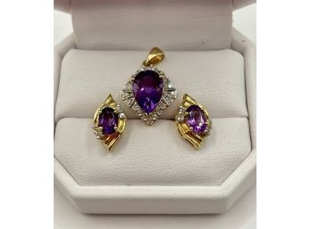 Amethyst & Diamonds Earring & Pendant Set  10k Gold