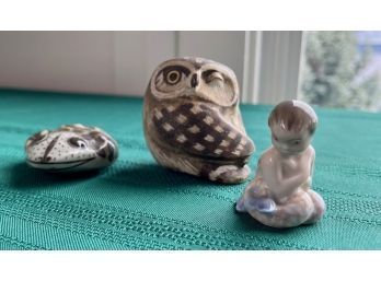 Small Ceramic Owl, Frog, And Mermaid