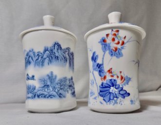 Set Of 2 Porcelain Personal Tea Mugs Asian Script And Designs 6 Inches Tall