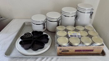 Kitchen Toys. 4 Set Canister,  12 8 Ounce Jars New, Heart Shaped Pans, Lazy Susan & Cookie Sheet