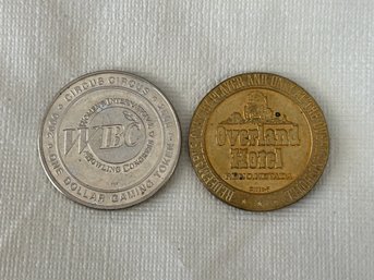 2 Vintage Casino Tokens Overland Hotel & WIBC