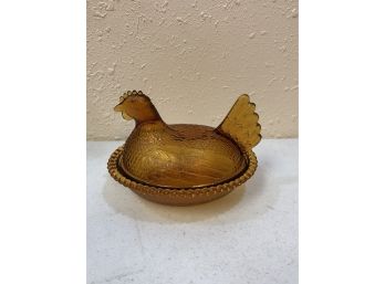 Vintage Nesting Hen Amber Glass