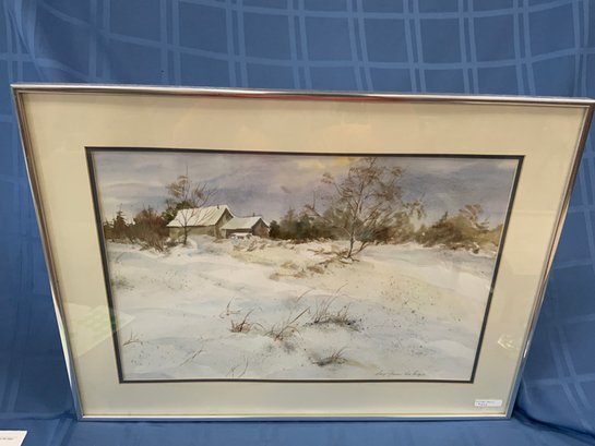 Mary Green LaForge Original Watercolor Connecticut Artist Titled Hilly Snow Winter Top