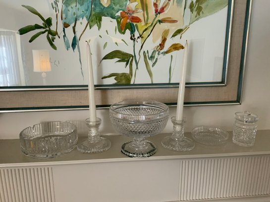 Grouping Of 6 Pieces Of Waterford Including A Footed Bowl Candle Sticks, Etc.