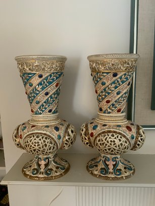 Pair Of Porcelain Vases With Pierced Detail Signed Fischer J Budapest