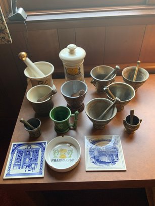 Assorted Grouping Of Pharmacists Items Including A Mortar And Pestle